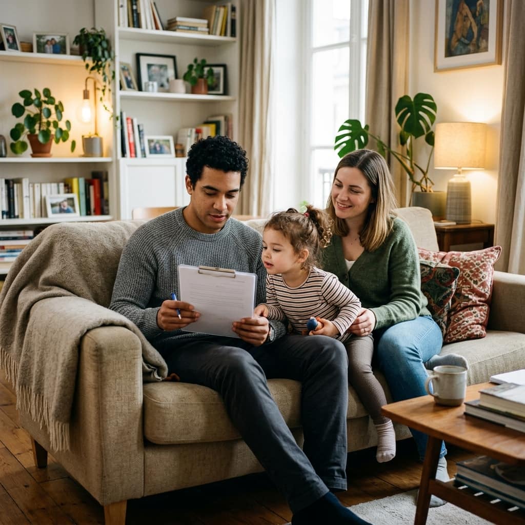 Eine junge Familie auf dem Sofa in einer Quierschieder Wohnung. Vater hält das Mitgliedsformular, das Kind schaut neugierig — ruhig, alltäglich.